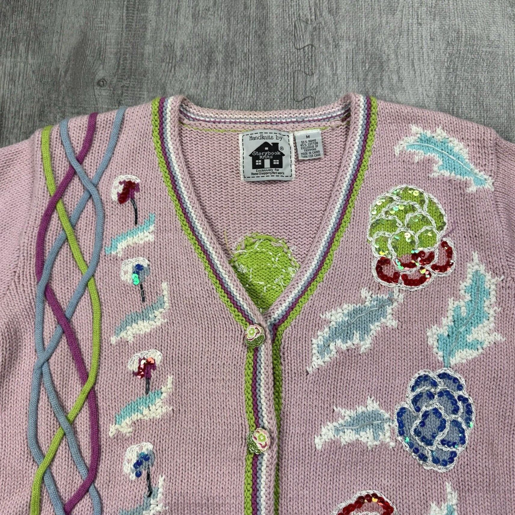 Vintage VINTAGE Storybook Knits Floral Beaded Cardigan Sweater Adult Medium Pink Green Art Size M / US 6-8 / IT 42-44 - 2 Thumbnail