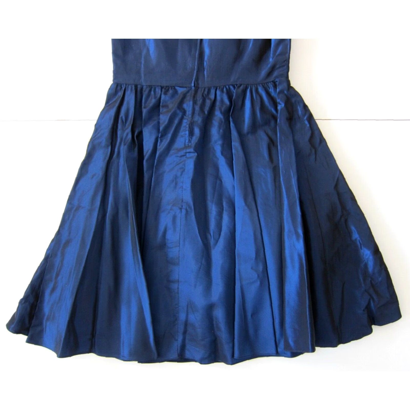 Vintage Evening Chic Lola Berent Blue Satin Empire Dress 11/12, Vintage, Collared, Gold Floral, Knee Length, Short Sleeve, Party/Cocktail, Women Size L / US 10 / IT 46 - 6 Thumbnail