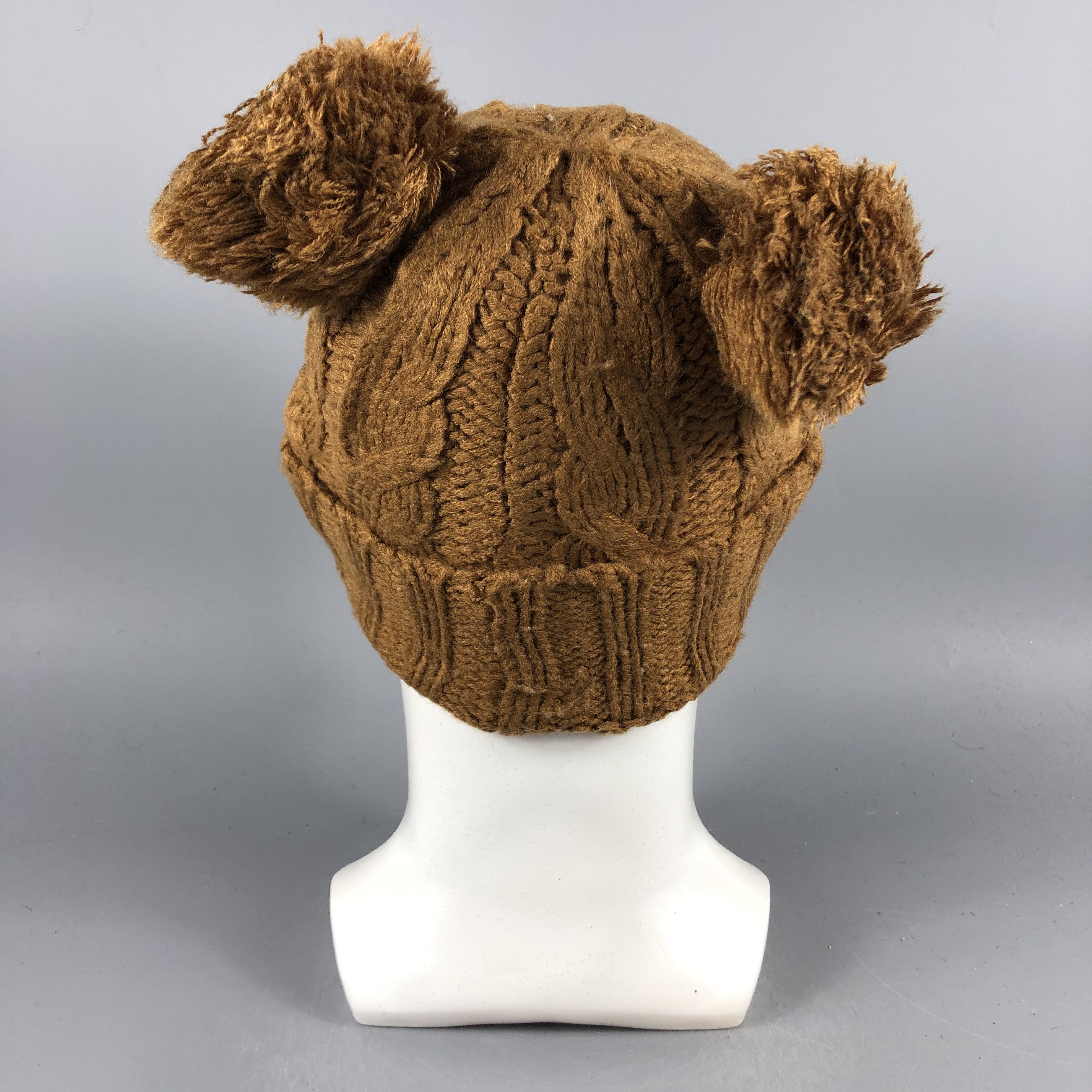 Vintage Cable knit PomPom Brown Beanie Snow Hat Snow Cap -D1149 Size ONE SIZE - 2 Thumbnail