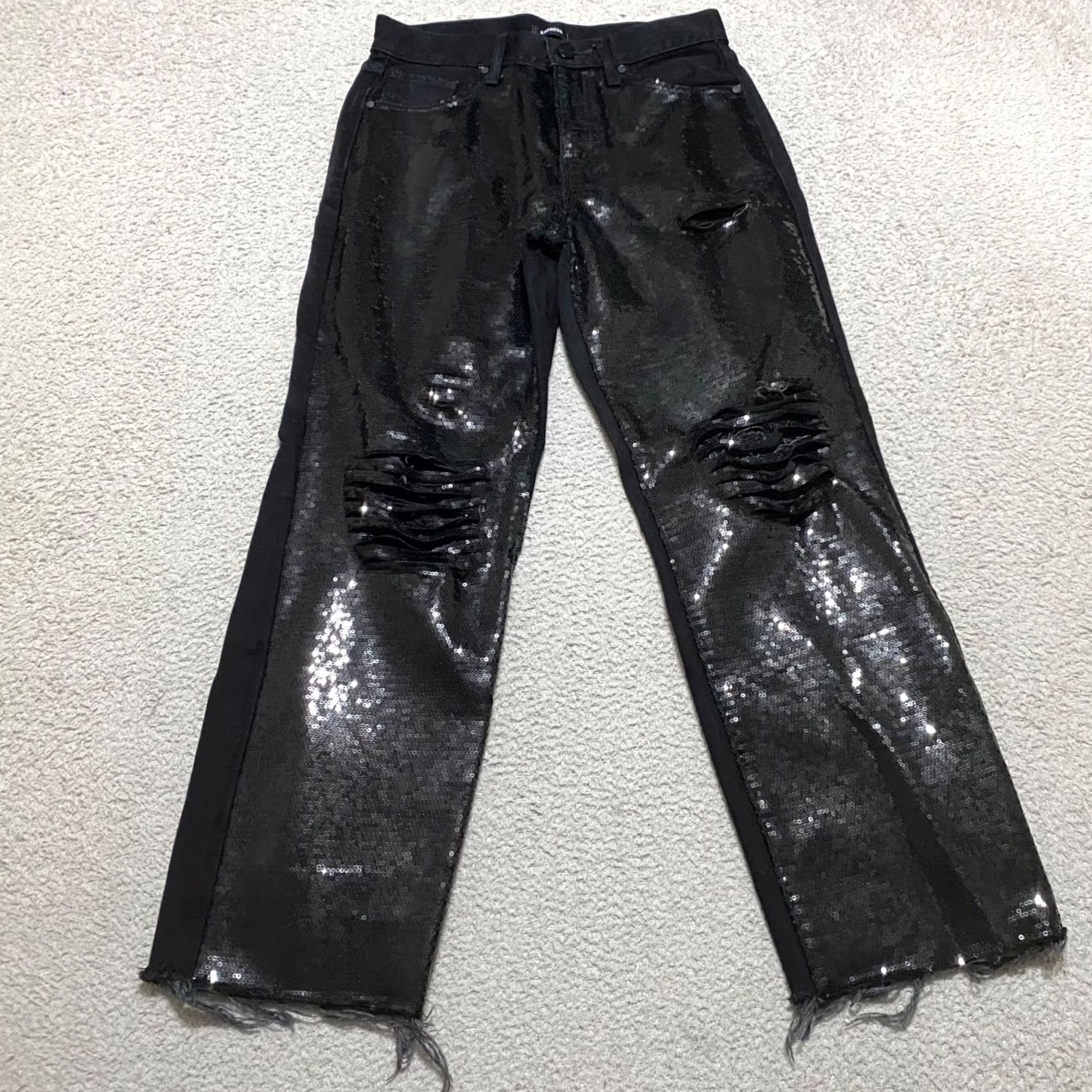 Express Express Jeans Womens 2 Black Cotton Straight Ankle High Rise Sequin Distressed Size 26" / US 2 / IT 38 - 2 Thumbnail