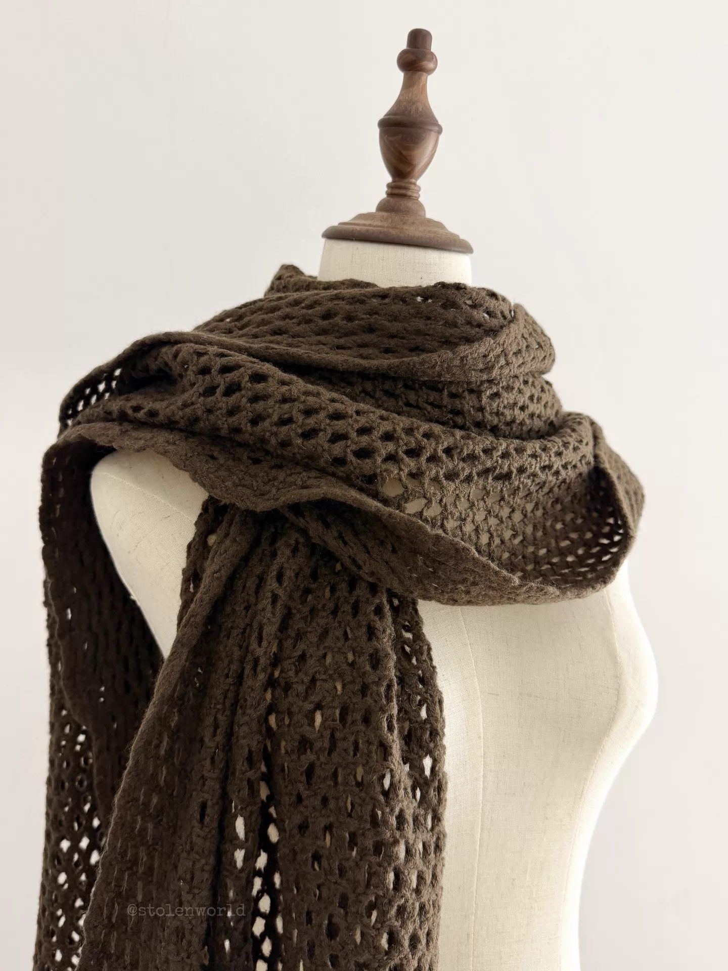 Yohji Yamamoto Yohji Yamamoto Y's Crochet Mesh Wool Scarf Moss Brown Size ONE SIZE - 5 Thumbnail