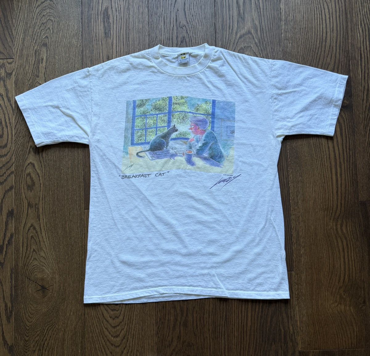 Vintage Vintage 90s Breakfast Cat Jeff Leedy Art Graphic Tee Size US L / EU 52-54 / 3 - 2 Thumbnail