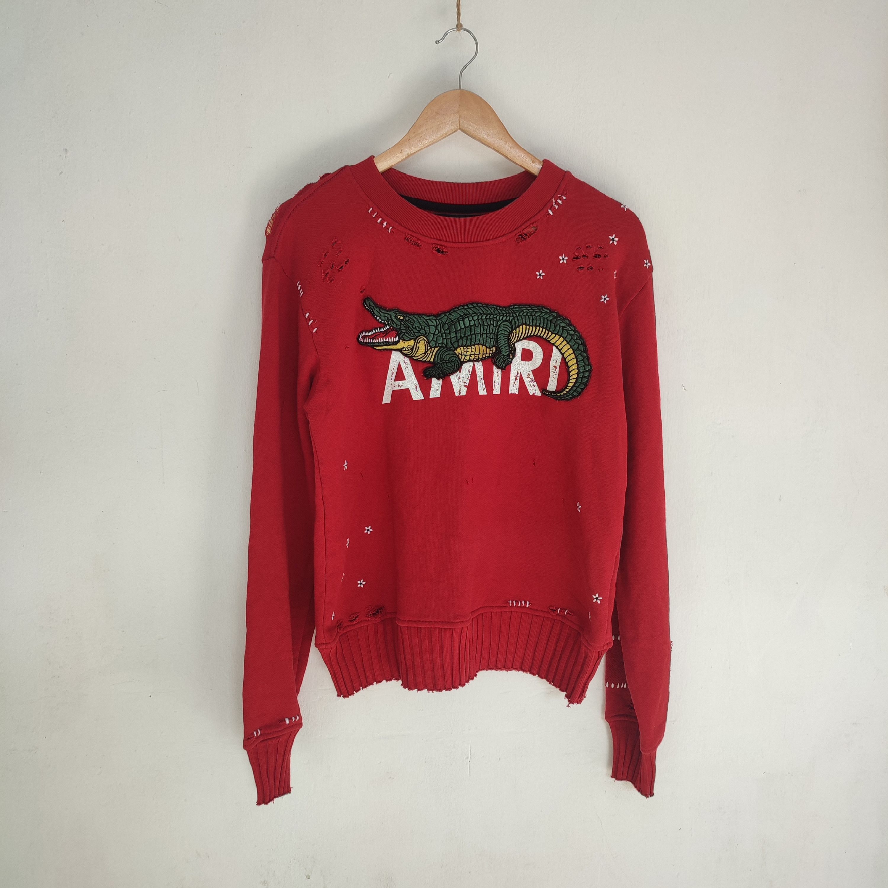 image of Amiri Alligator Destroyed Sweater in Red, Men's (Size Medium)