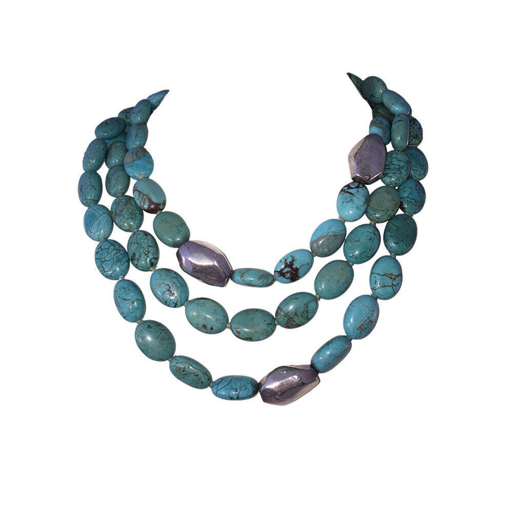 Handmade Triple Strand Turquoise Bead Necklace Silver Plated Beads Size ONE SIZE - 1 Thumbnail