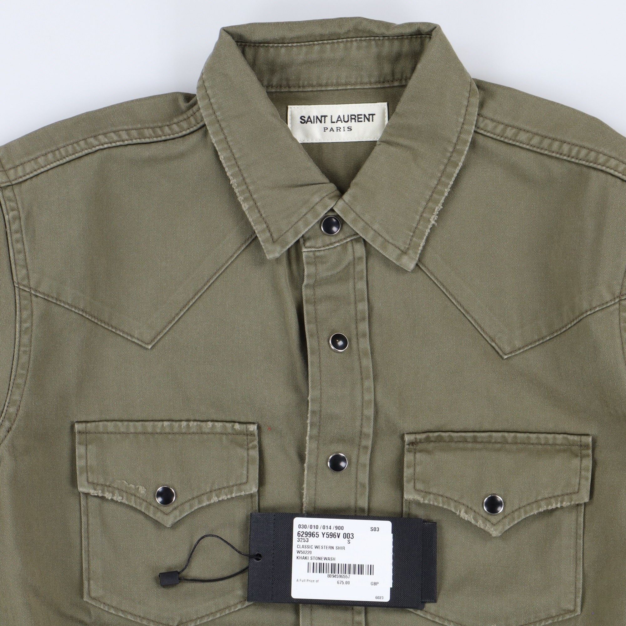 Saint Laurent Paris Khaki Classic Western Distressed Denim Shirt Size S / US 4 / IT 40 - 6 Thumbnail