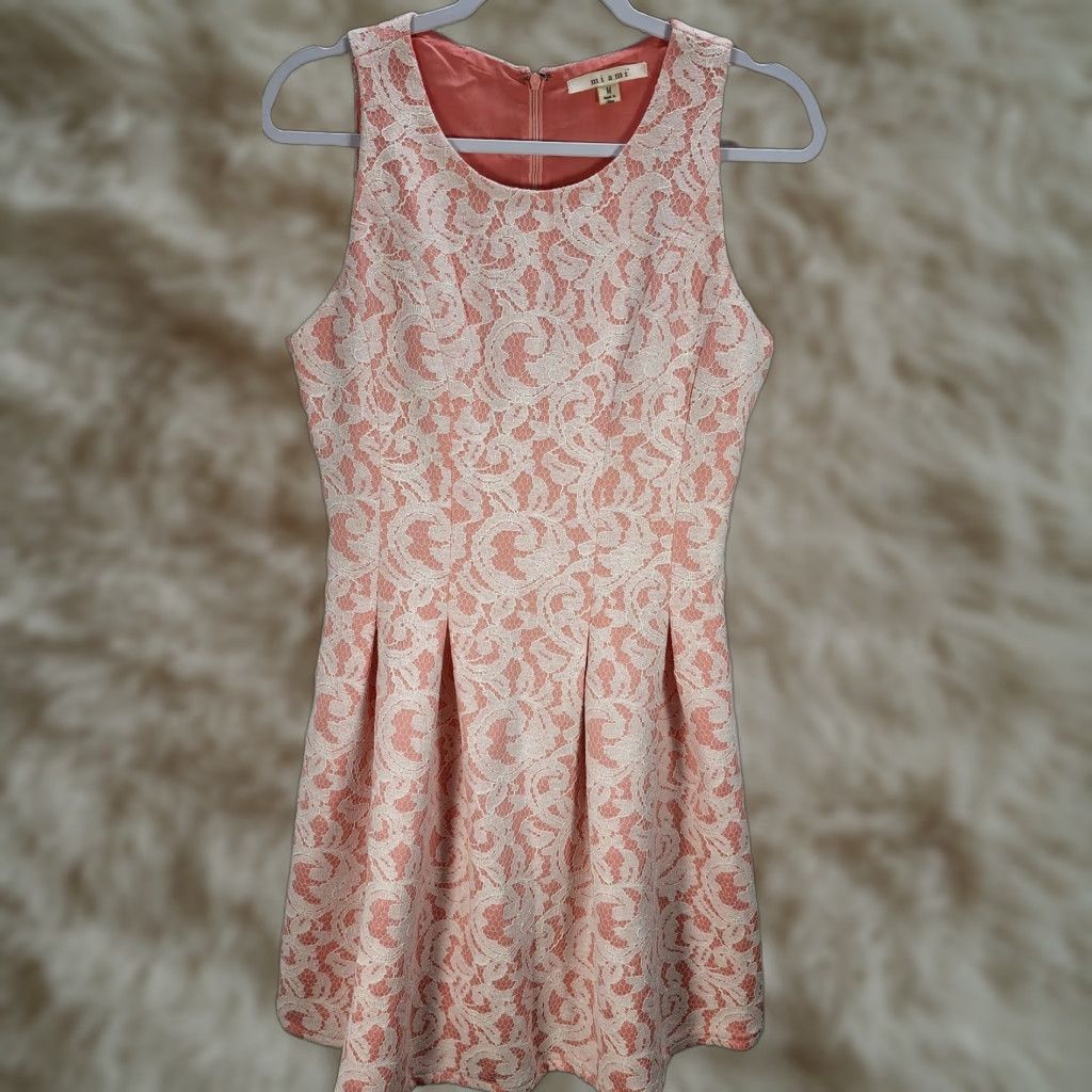 Vintage Miami Women's Peach & White Sleeveless Floral Lace Flared Short Dress Lined Sz M Size 32" / US 10 / IT 46 - 1 Thumbnail