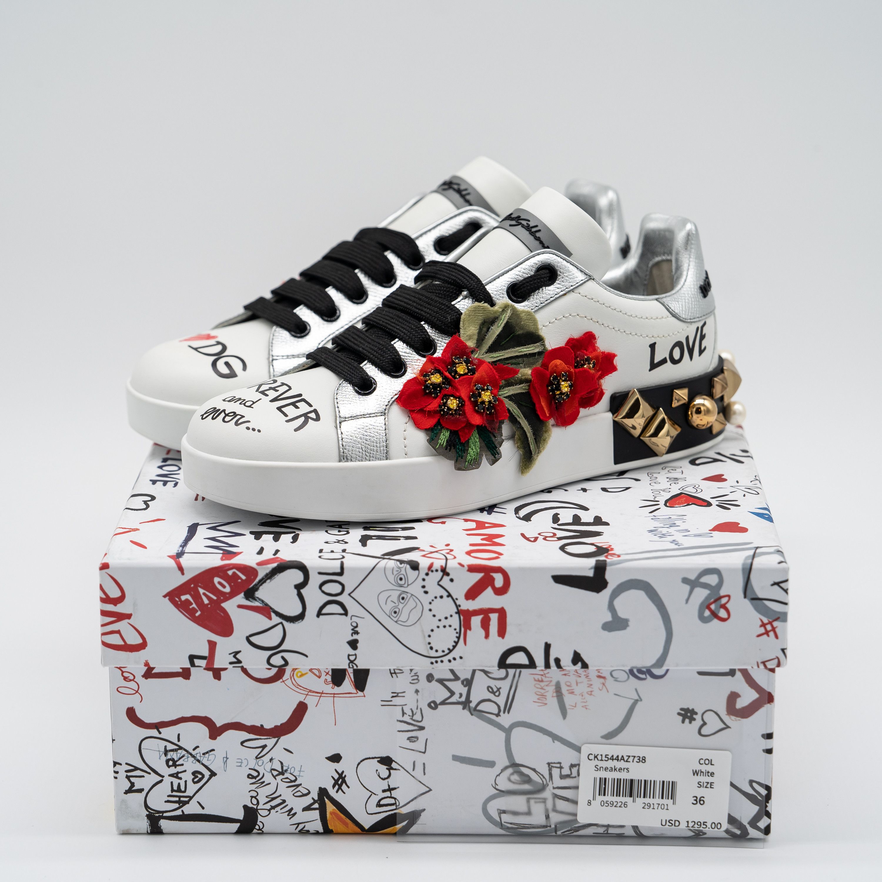 Dolce & Gabbana DOLCE & GABBANA White Portofino Floral Studded Sneakers Size US 6 / IT 36 - 14 Thumbnail
