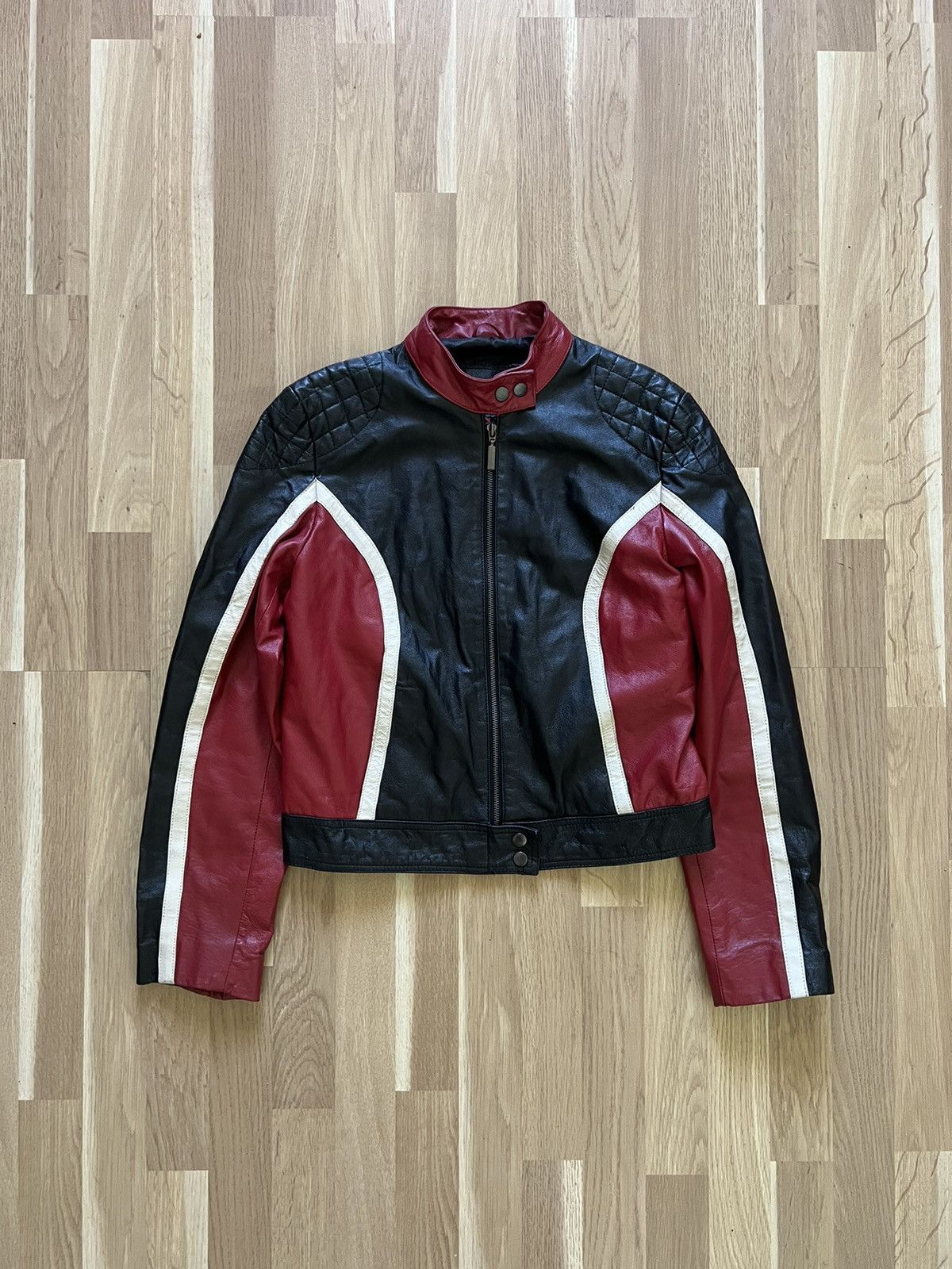 Vintage racing moto leather jacket cropped y2k style