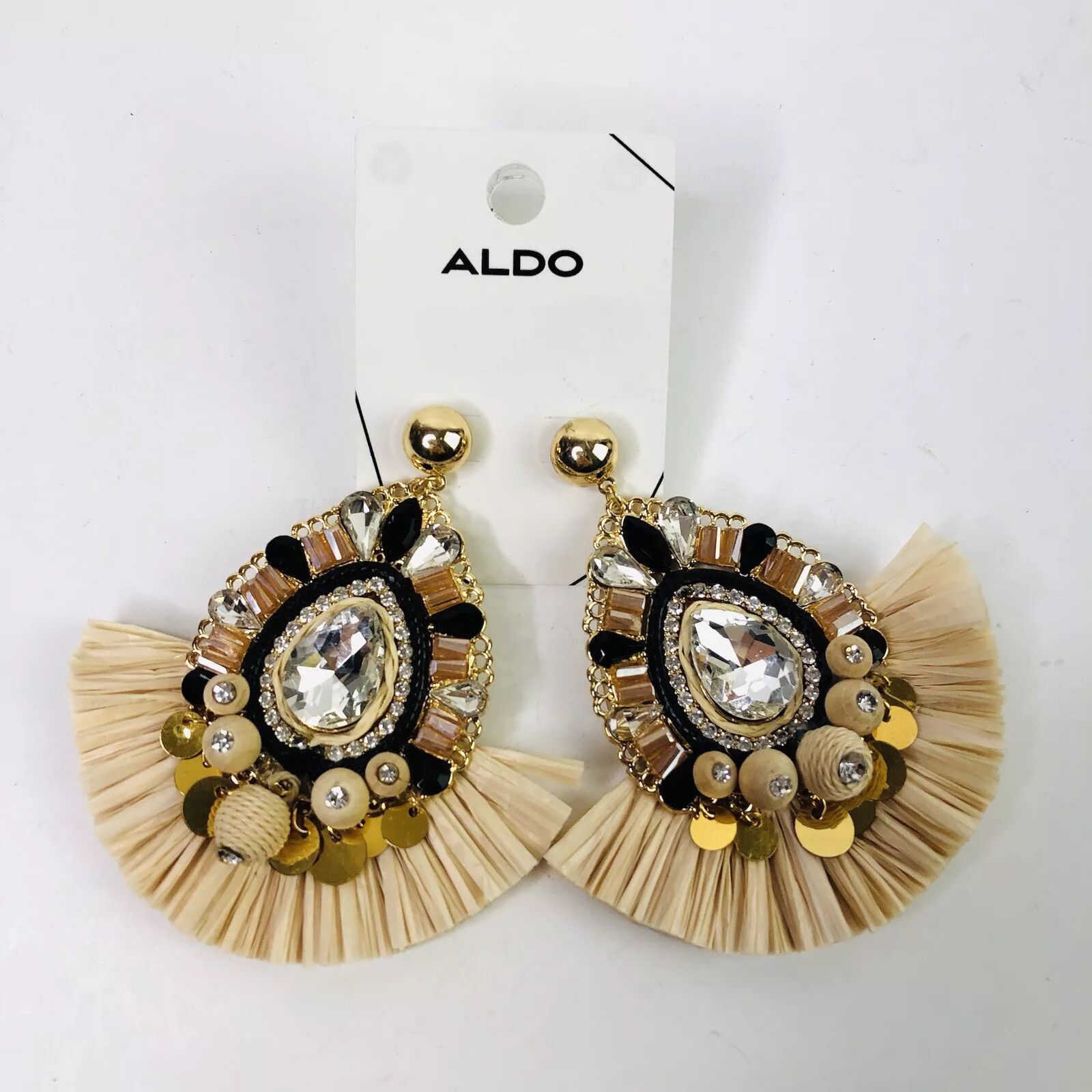 Aldo Studed Earrings Raffia Summer Rhinestone Beaded Straw Beige Size ONE SIZE - 1 Thumbnail