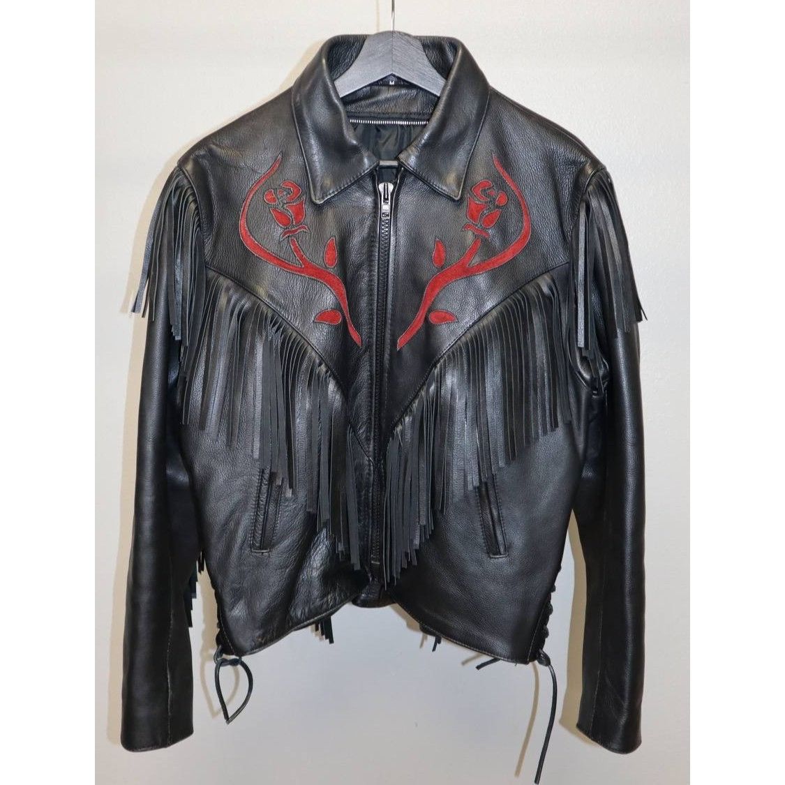 Vintage Vintage Black Leather Fringe Jacket w/ Red Rose Embroidery Size M / US 6-8 / IT 42-44 - 3 Thumbnail