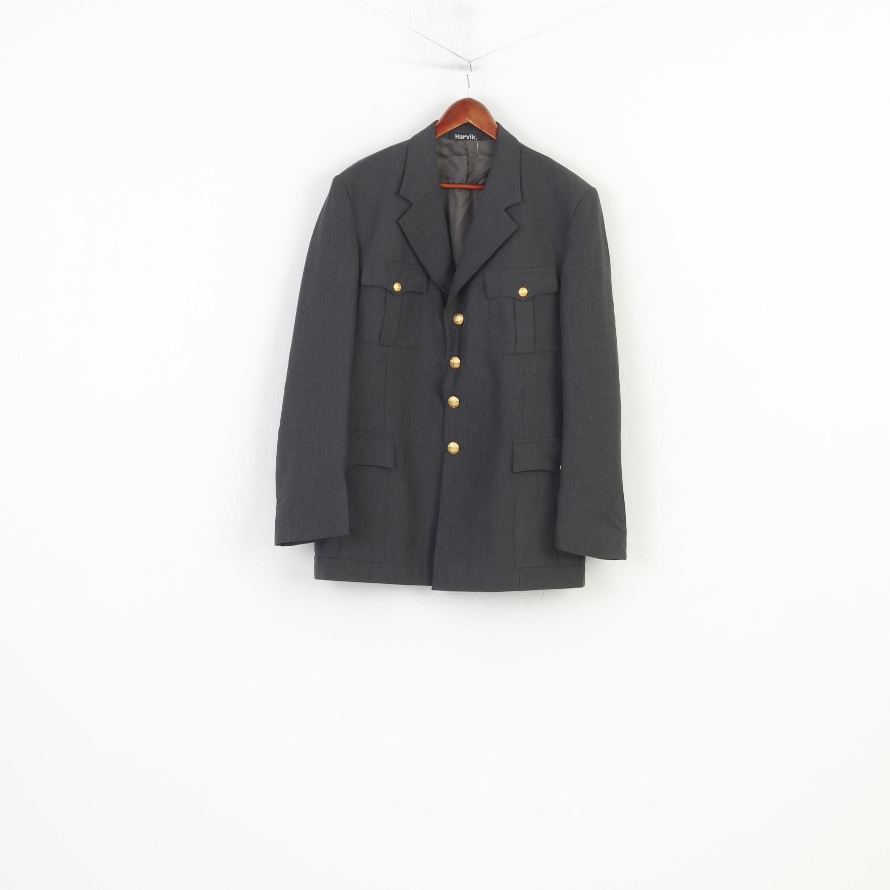 Vintage Harvik Men 42 Blazer Grey Gold Buttons Multi Pockets 11080 Size 42R - 2 Thumbnail