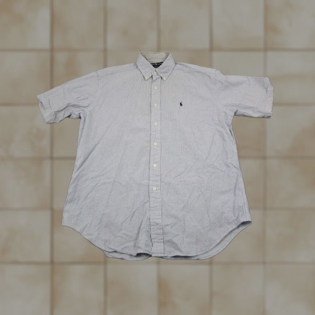 Ralph Lauren Ralph Lauren Shirt Adult M Blue Striped Cotton Polo Button-Up, Short Sleeve, Logo, Classic Fit, Vintage Mens Rugby Size US M / EU 48-50 / 2 - 1 Thumbnail