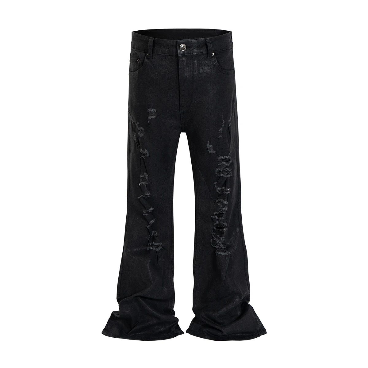 Japanese Brand × Jean High Street Ripped Damaged Coatted Wax Baggy Flare Size US 31 - 4 Thumbnail