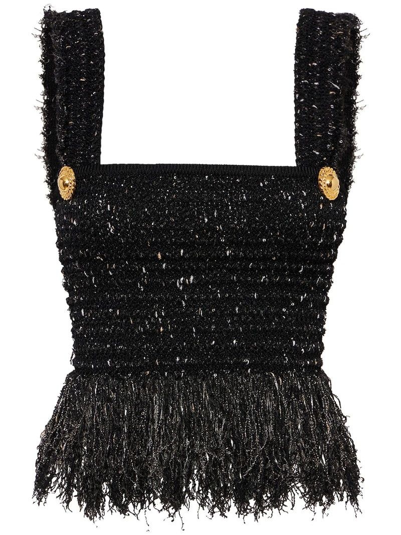 Balmain o1s1wg110825 Glittered Tweed Square Neck Top in Black Size L / US 10 / IT 46 - 1 Thumbnail