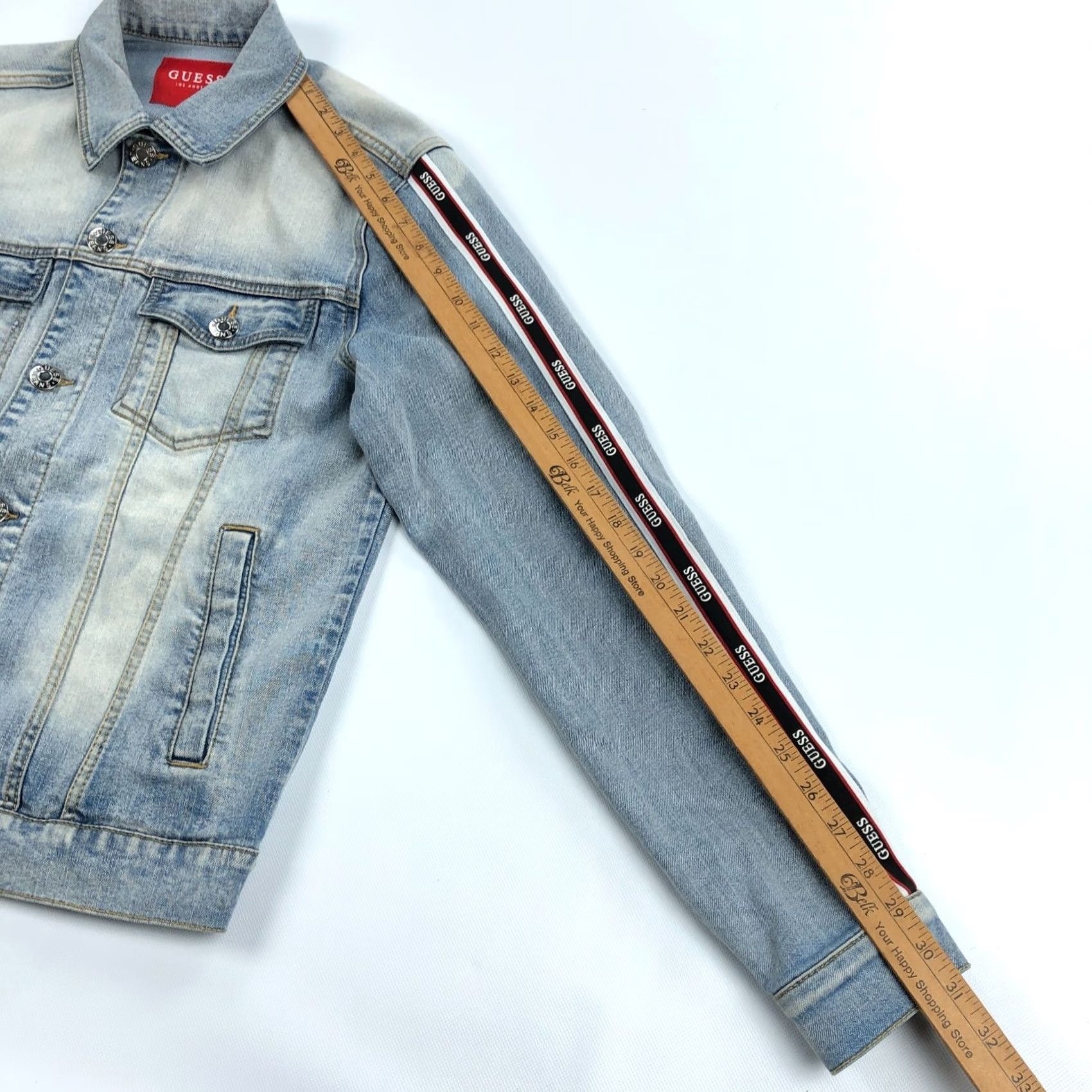 Guess VINTAGE GUESS Blue Denim Jacket Mens S Stretch Jeans Style Biker USA Classic 80s/90s? Size US 29 - 7 Thumbnail