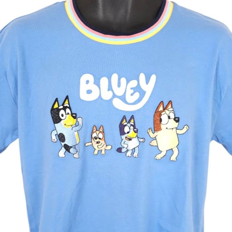 Vintage Bluey T Shirt Mens Large Blue Ludo Studio Embroidered Cartoon Cotton Crew Neck Short Sleeve Shirt Mens Girls Boys Added? Size US L / EU 52-54 / 3 - 2 Thumbnail