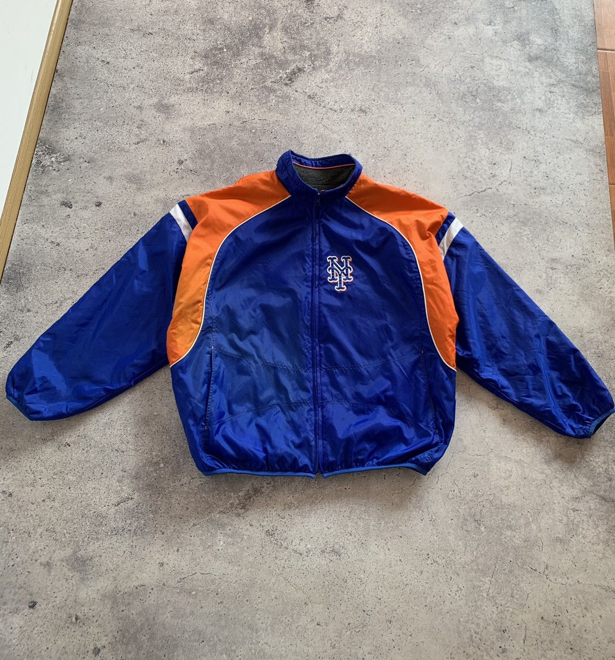 image of Bomber Jacket x Mlb Vintage New York Mets Mlb Reversible Satin Fleece Jacket in Blue Grey (Size Lar