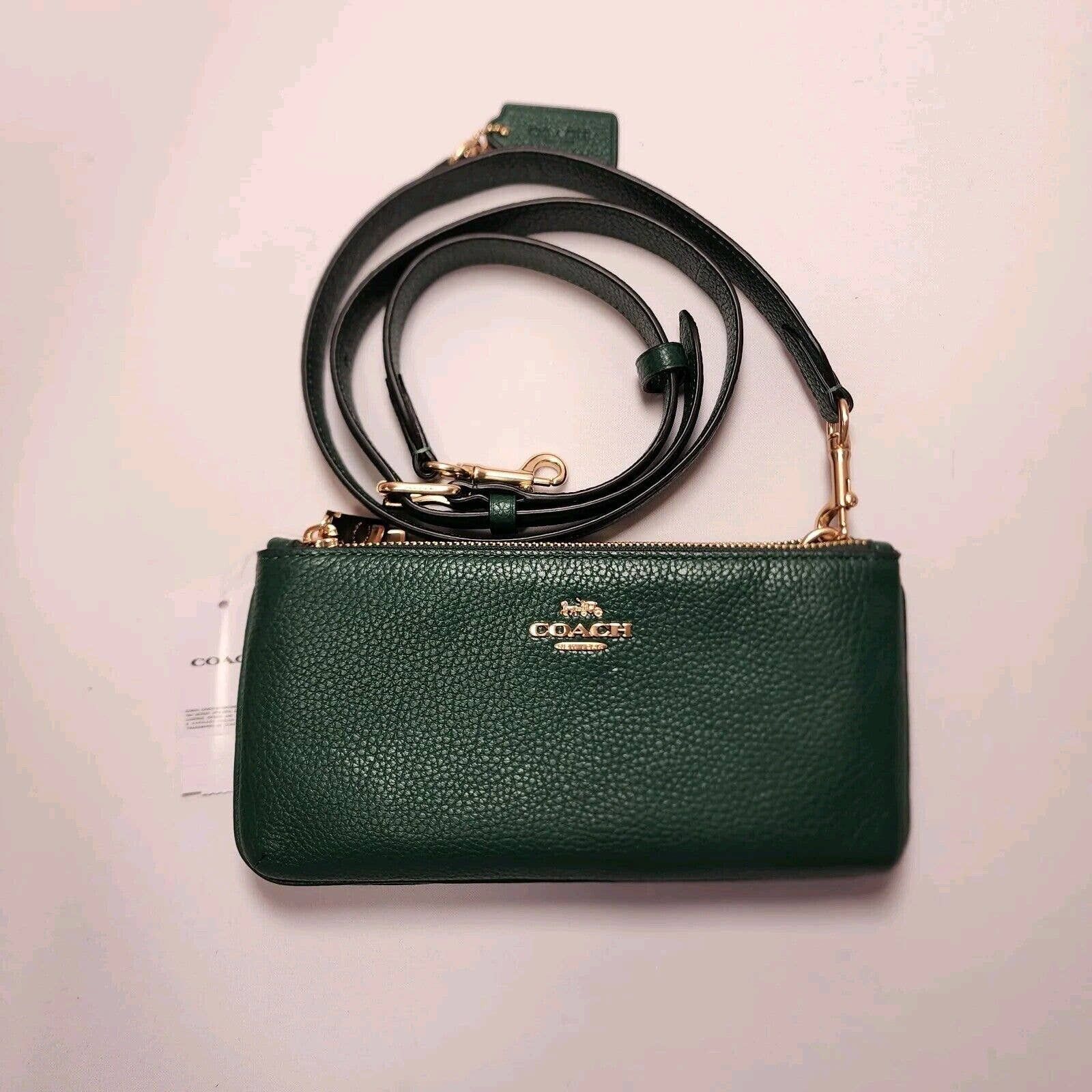image of Coach Double Zip Crossbody Leather Clutch Dark Pine Cj789 in Green, Women's
