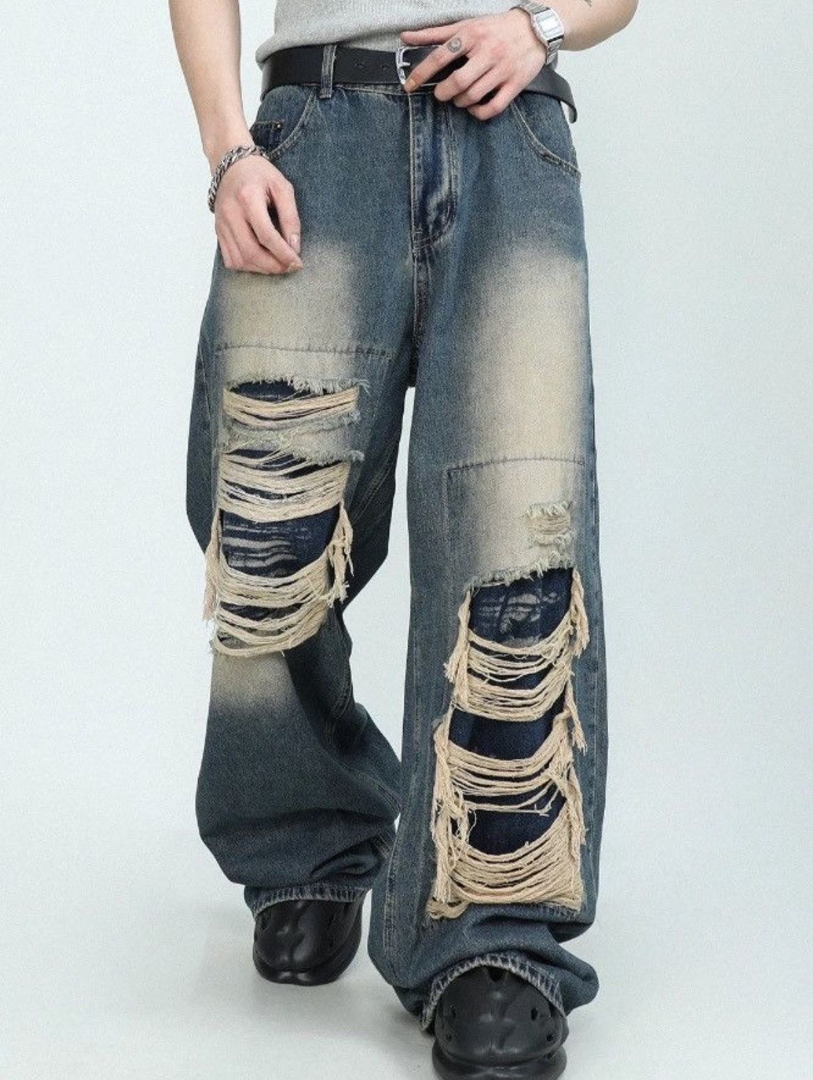 Japanese Brand Blue Color Distress Denim Pants Size US 35 - 1 Thumbnail