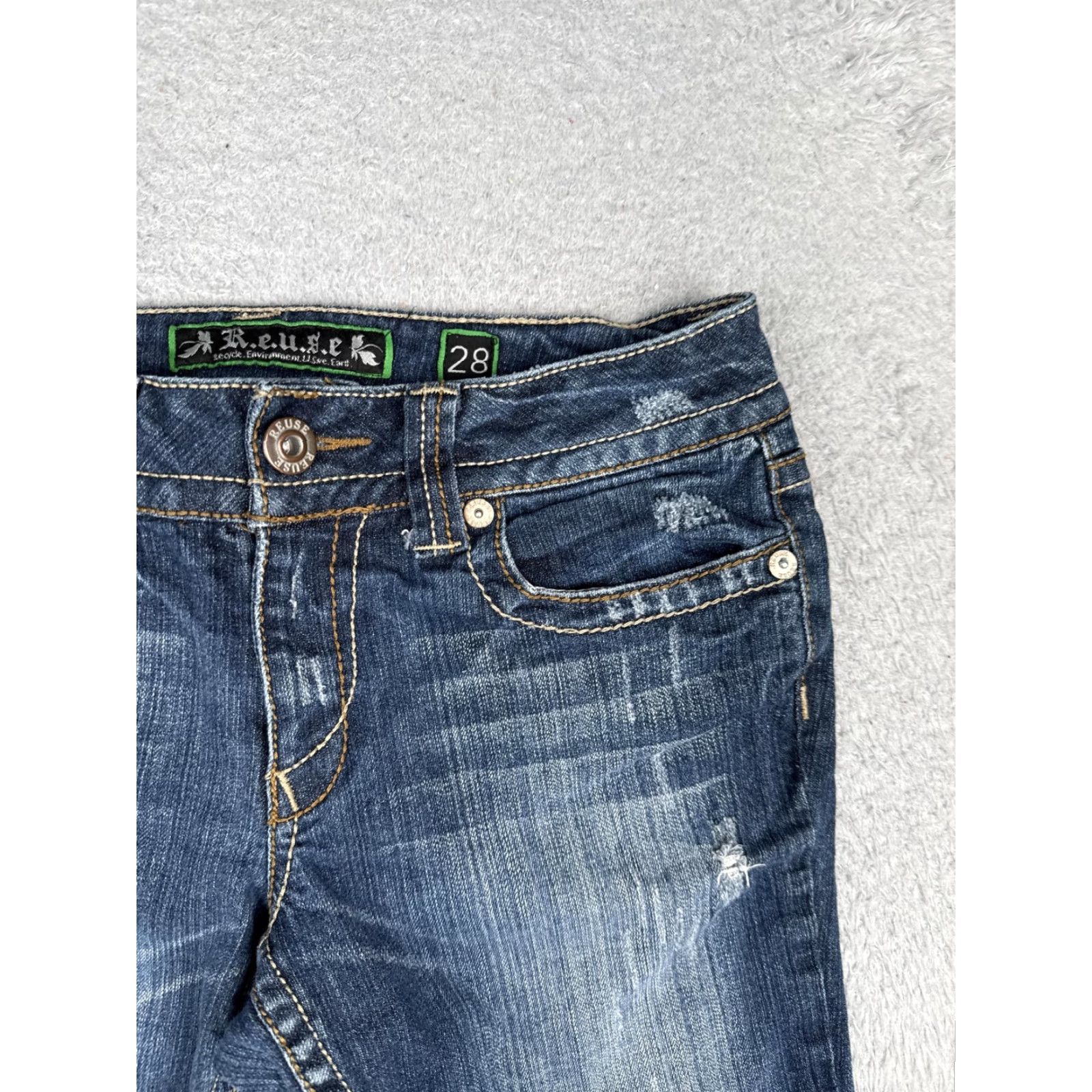 Denime R.E.U.S.E Denim Shorts Womens 28 Blue Cutoff Raw Hem Embroidered Distressed Cross Back Pockets Size 28" / US 6 / IT 42 - 5 Thumbnail
