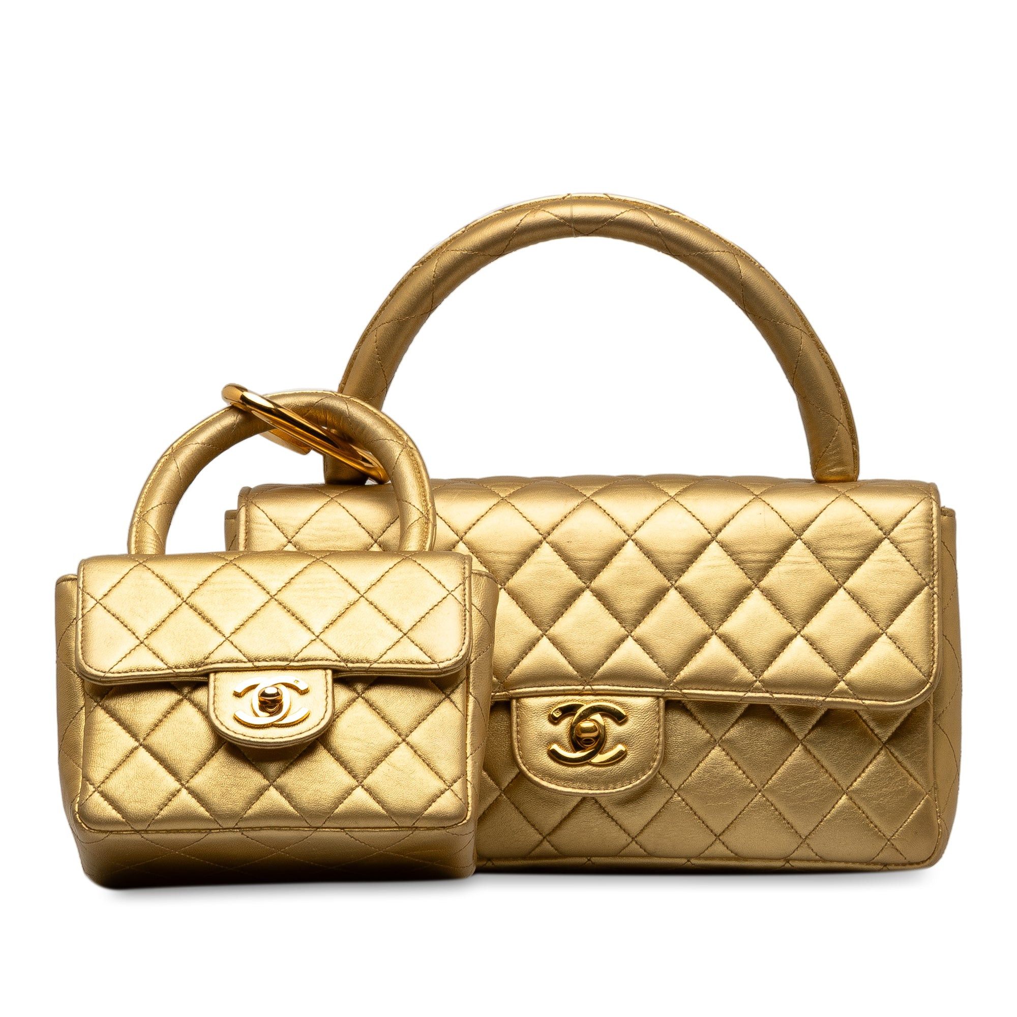 image of Chanel Lambskin Parent Child Kelly Set Top Handle Bag in Gold, Women's