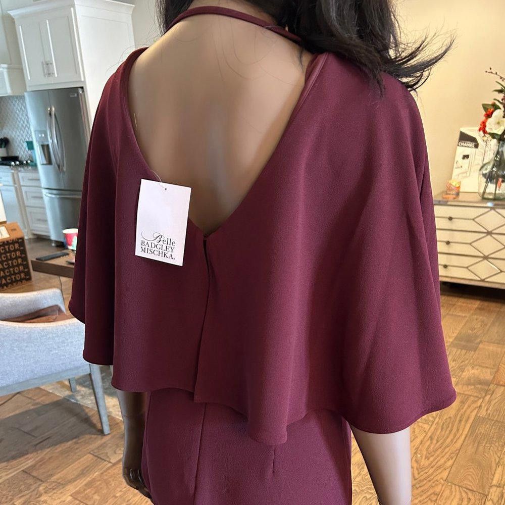 Designer Belle Badgley Mischka Plum Cape Deep V Dress Size XS / US 0-2 / IT 36-38 - 9 Thumbnail