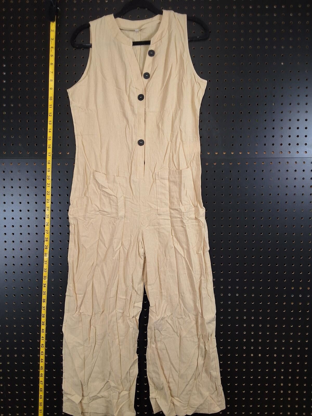 Other Boho Chic Tan Linen-Blend Wide Leg Button Front Jumpsuit - M Size ONE SIZE - 4 Thumbnail