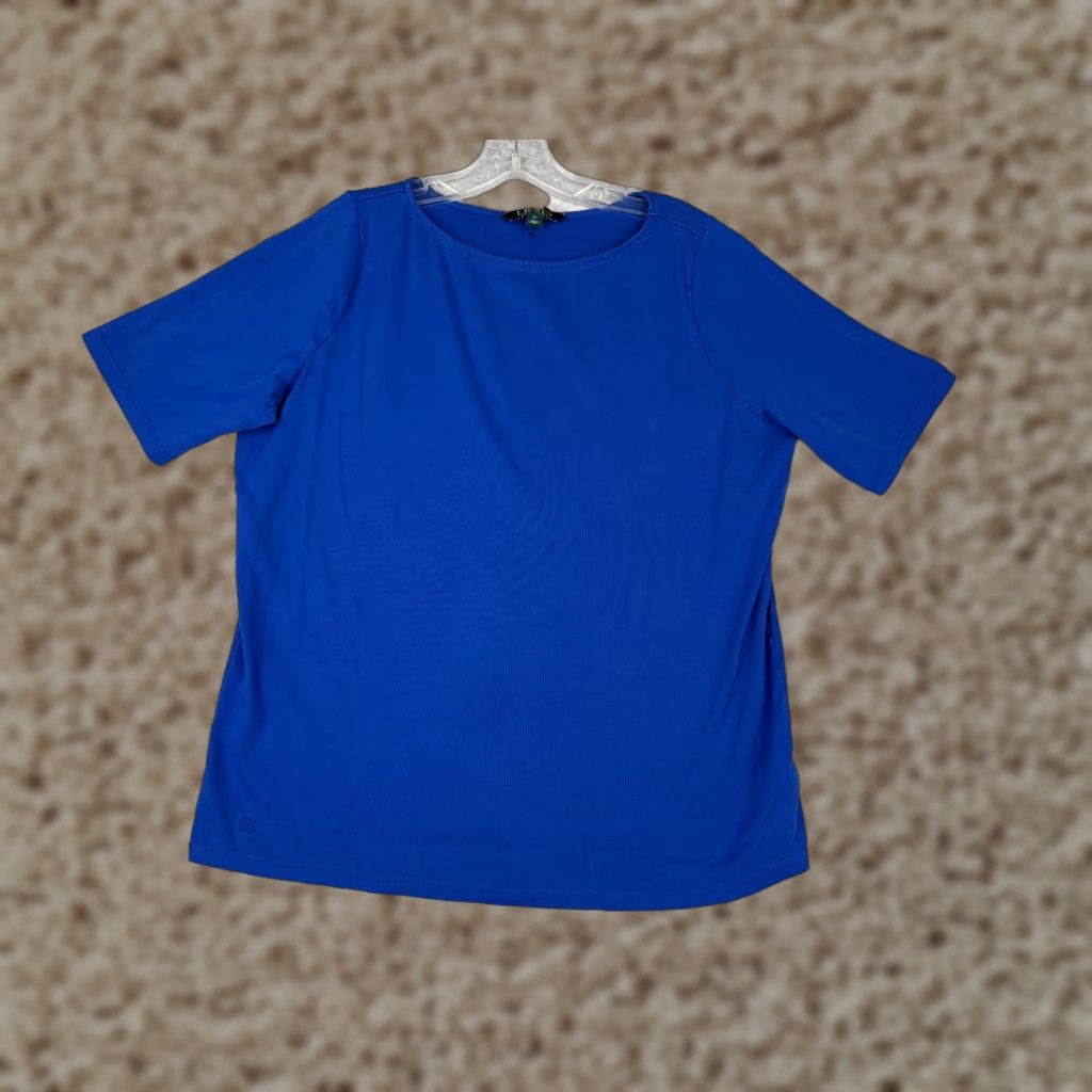 Ralph Lauren Lauren Ralph Lauren Shirt Women 1X Blue Short Sleeve Round Neck Cotton Blend Solid Womens Size XL / US 12-14 / IT 48-50 - 1 Thumbnail