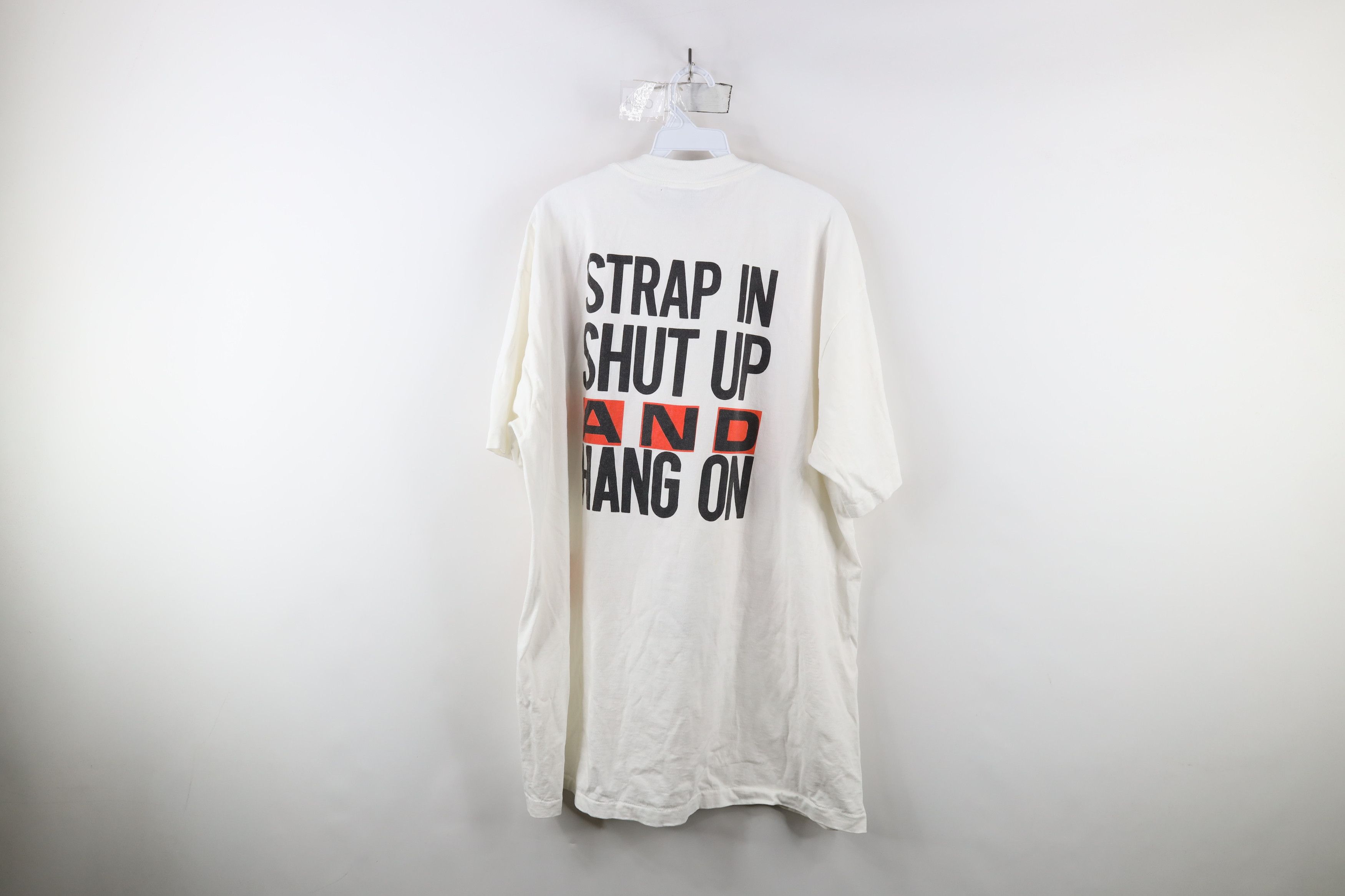 Vintage Vintage 90s Print Strap In Shut Up And Hang On T-Shirt USA Size US XXL / EU 58 / 5 - 11 Thumbnail
