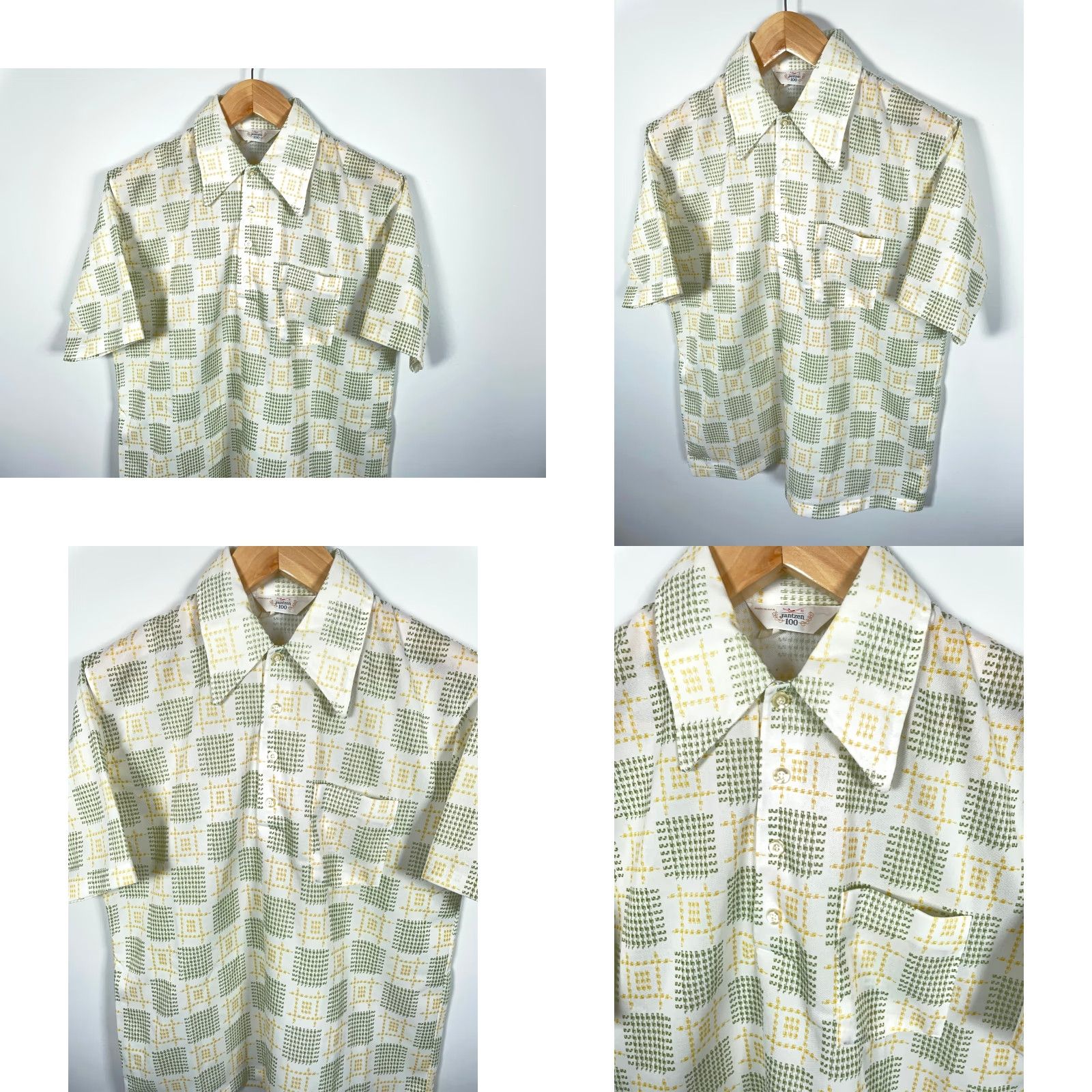 Jantzen VINTAGE Jantzen Polo Shirt Men L White Green Check 70s 90s Retro Large Collar Size US L / EU 52-54 / 3 - 8 Thumbnail