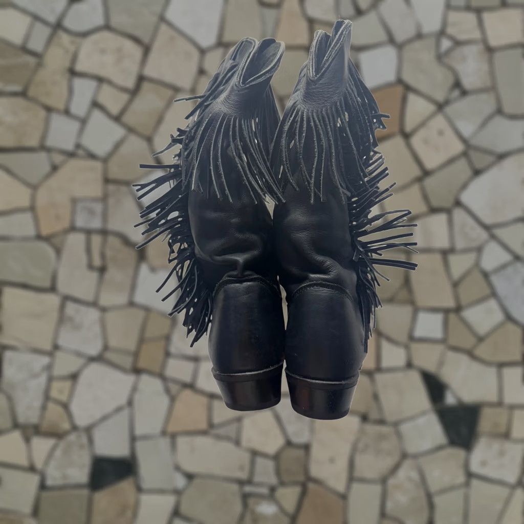 Vintage VINTAGE Black Fringe Leather Western Cowboy Boots Pointed Toe Low Heel Womens 8 Pre-Owned Good Accessories Fringe Western Leather 9812 Size US 8 / IT 38 - 1 Thumbnail