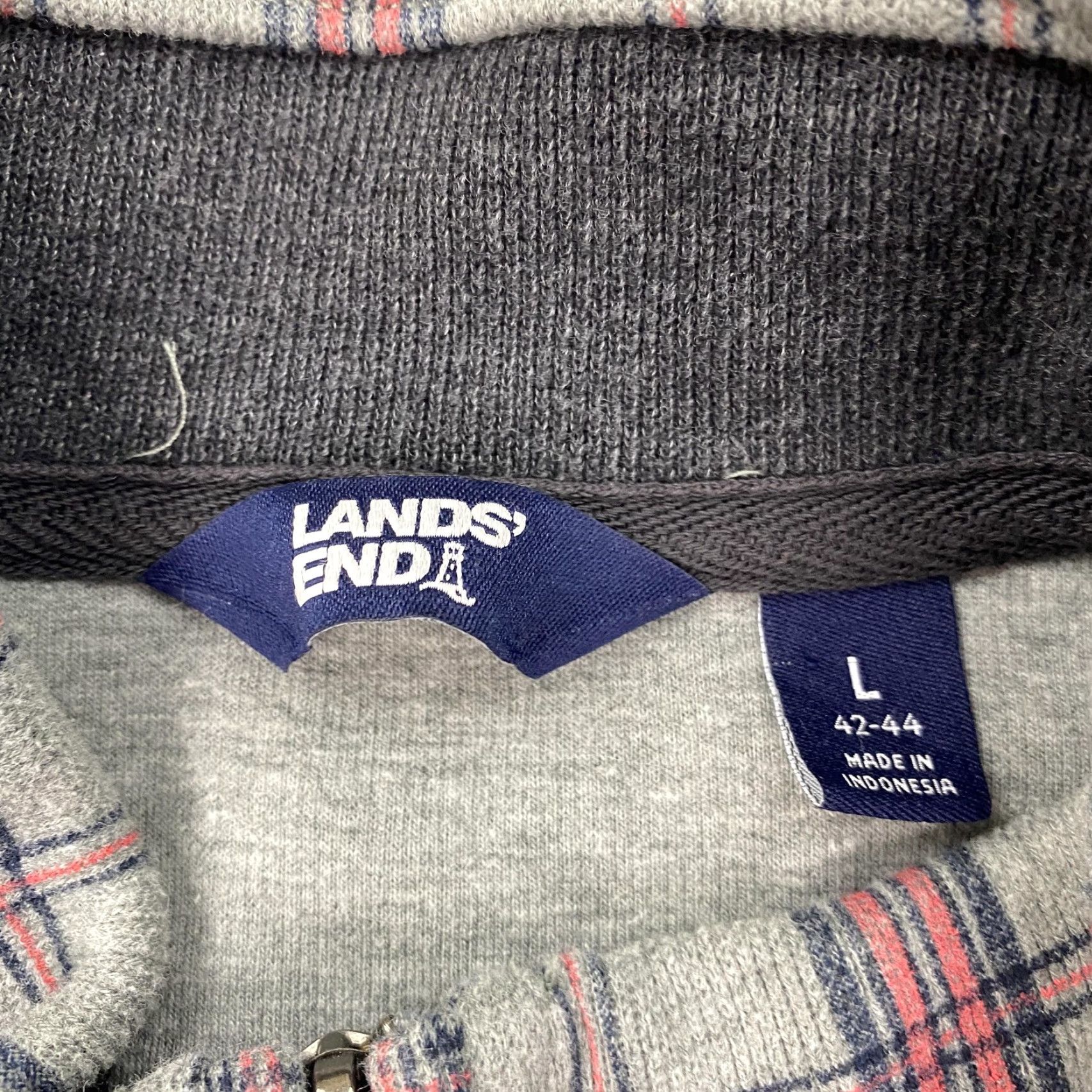 Lands' End Lands' End Sweatshirt Mens Large Gray Red Navy Plaid 1/4 Zip Pullover 42-44, Cotton Polyester, Fleece, Regular, Zip, Pullover, Mens Size US L / EU 52-54 / 3 - 4 Thumbnail