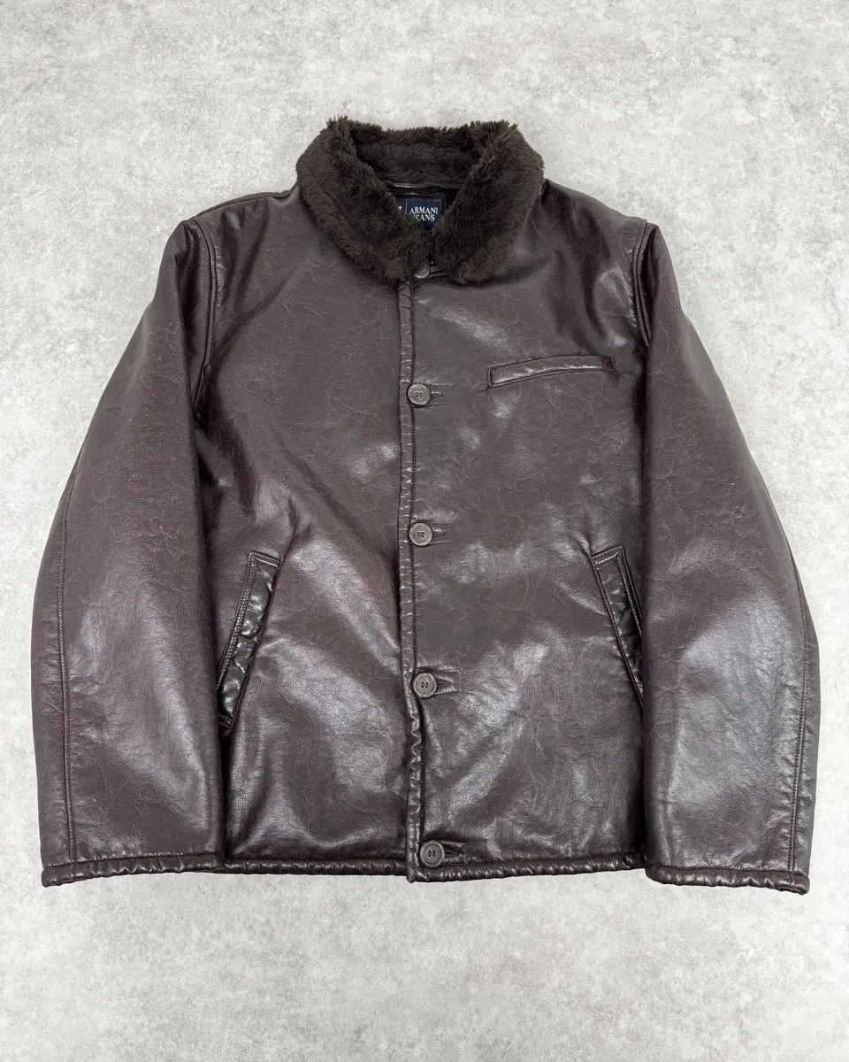 Armani Armani Brown Shearling Collar Faux Leather Buttoned Jacket Size US L / EU 52-54 / 3 - 1 Thumbnail