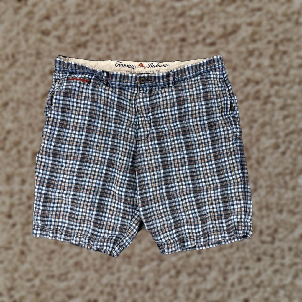Tommy Bahama Tommy Bahama Shorts Men 36 Blue Beige Plaid Linen Tencel Blend Golf Golfer Chino Size US 33 - 1 Thumbnail
