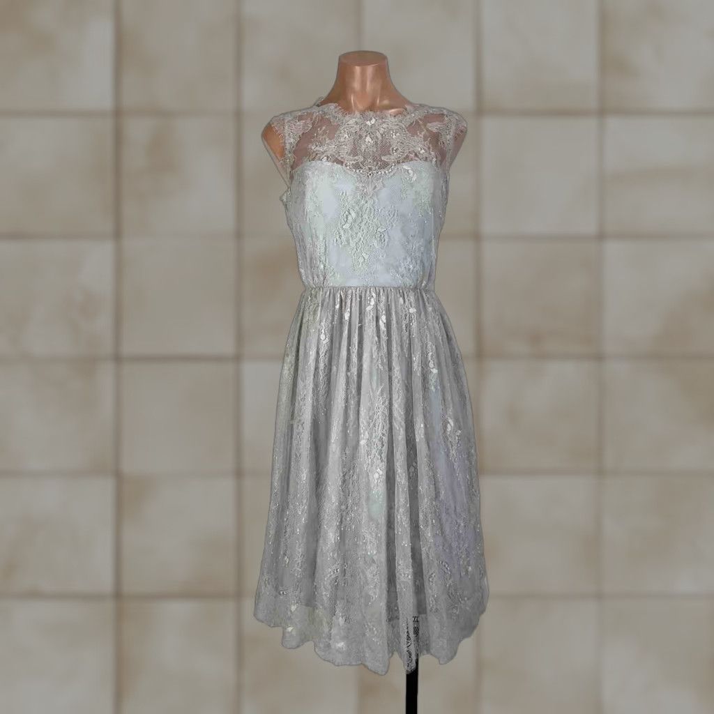 VINTAGE Anthropologie Hitherto 12 Celia Lace Bridesmaid Cocktail Dress  Semi-Sheer Flowy Sleeveless Silver Lace Dress