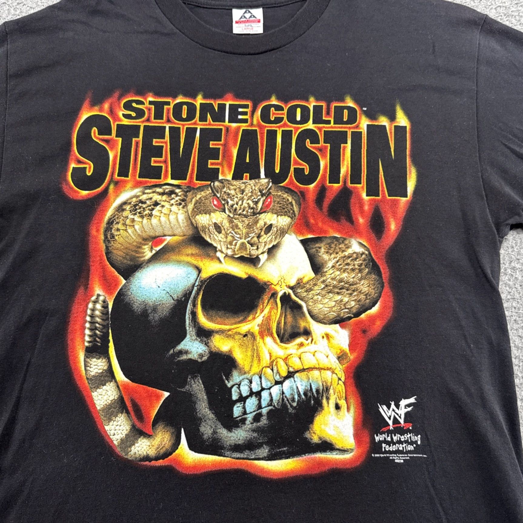 AAA VINTAGE WWF 2000 Stone Cold Steve Austin Double Sided Y2K 00s T-Shirt L Black Skull Flames Size US L / EU 52-54 / 3 - 2 Thumbnail