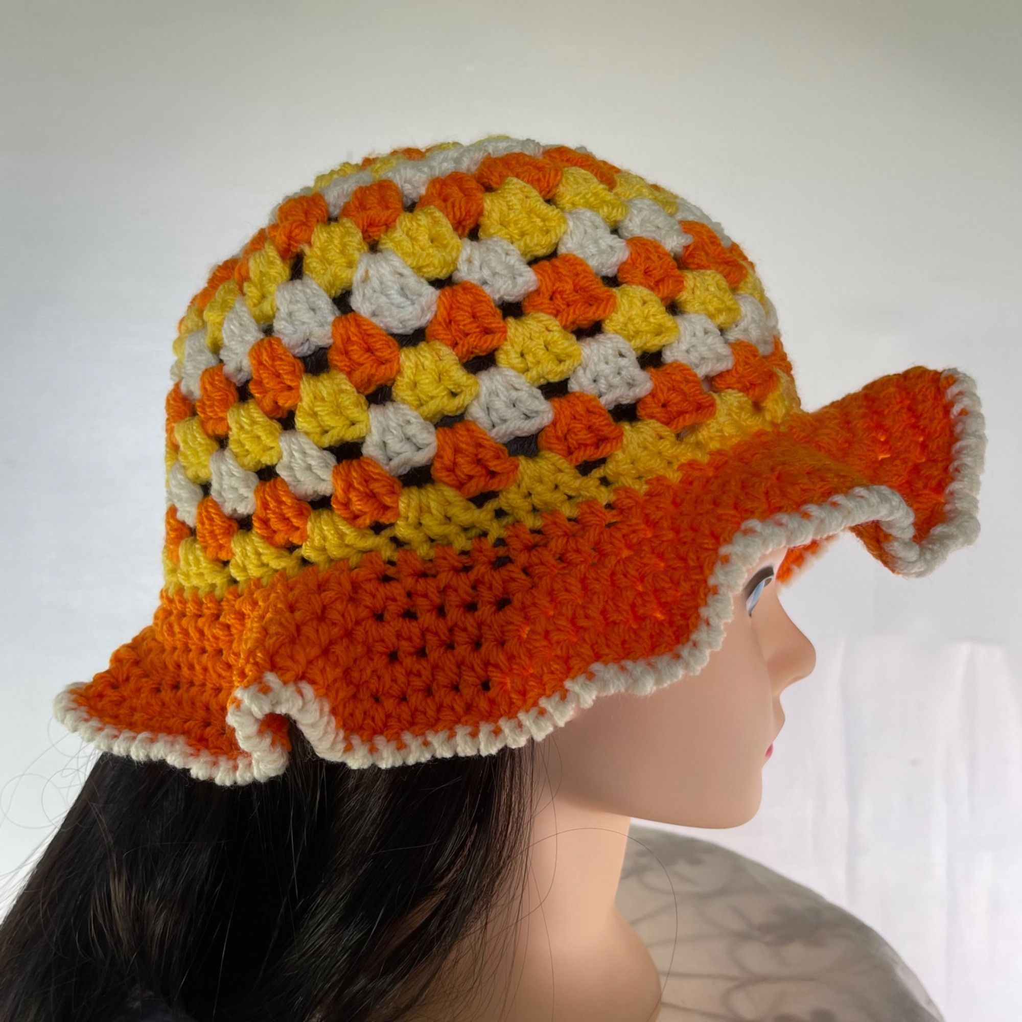 Handmade Crochet Bucket Hat Granny Square Pattern Orange Yellow White Size ONE SIZE - 2 Thumbnail