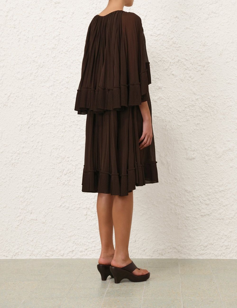 oc11z0226 Illuminate Pleated Cape Mini Dress Chocolate Brown