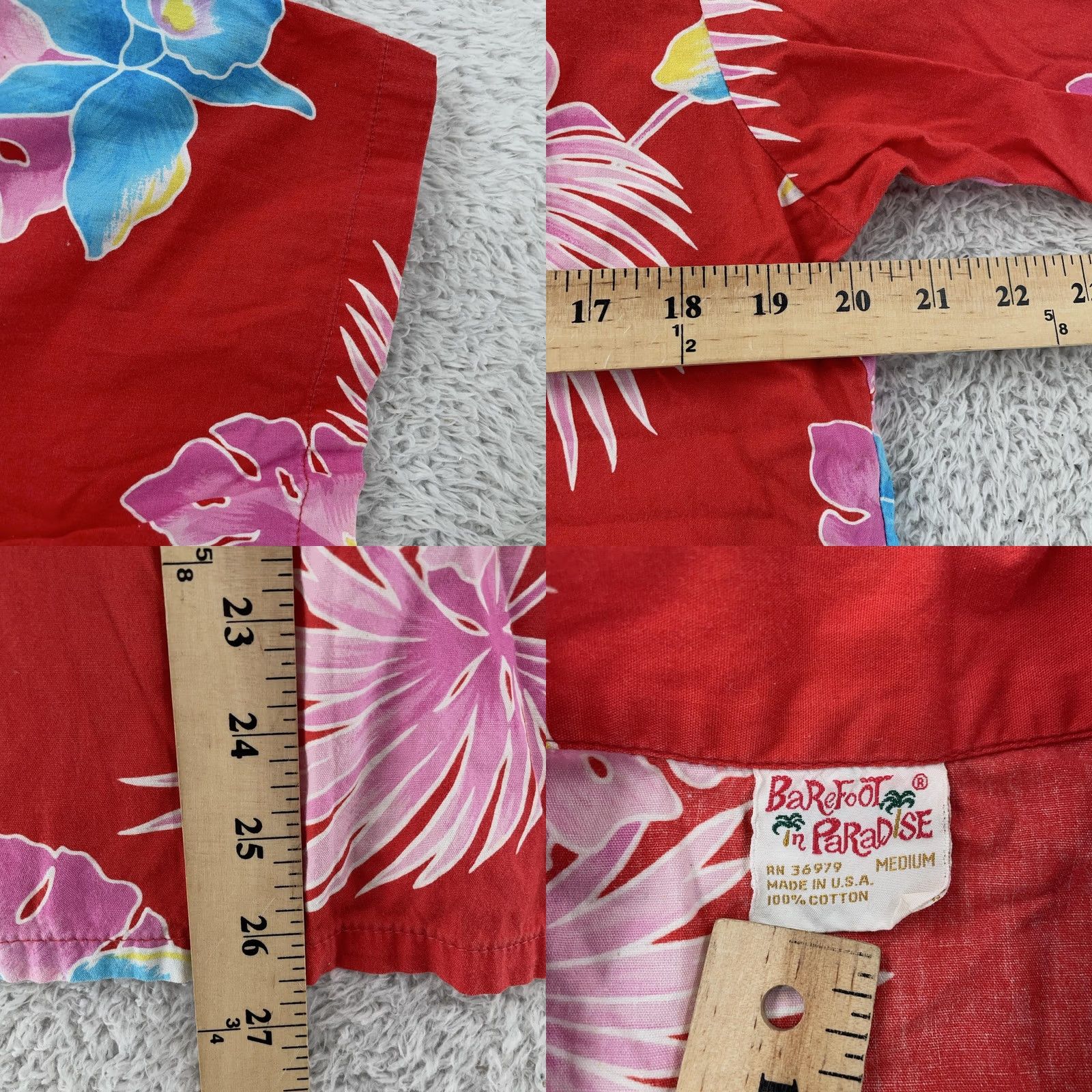 Paradise VINTAGE Barefoot in Paradise Shirt Mens M Red Hawaiian Aloha Surf Cotton Button-Up Floral 90s Mens Size US M / EU 48-50 / 2 - 8 Thumbnail