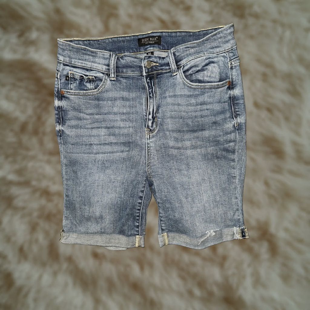 Denime Judy Blue Bermuda Shorts Womens XL Blue Denim Cuffed Stretch Casual JB15226LT Size 40" / US 18 - 1 Thumbnail