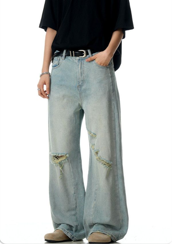 Jean American retro men's loose wide-leg casual ripped jeans Size US 32 / EU 48 - 2 Thumbnail