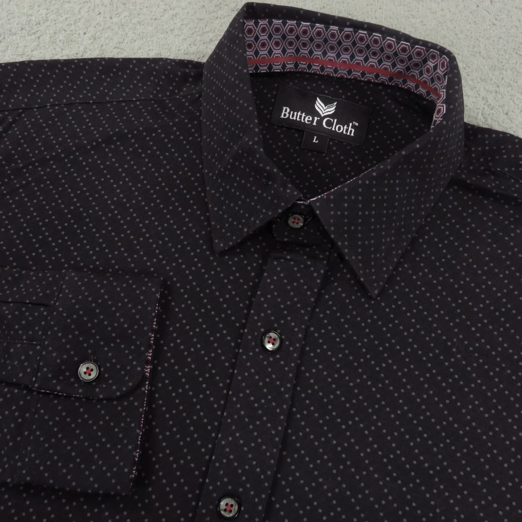 Buttero Butter Cloth Shirt Men Large Black Grey Geometric Dot Performance Flex Stretch Mens Size US L / EU 52-54 / 3 - 2 Thumbnail