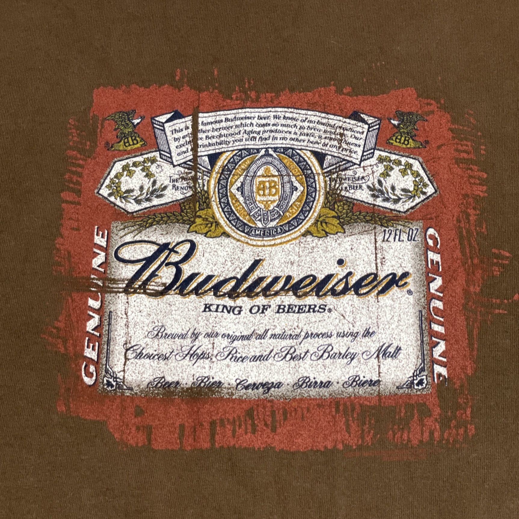 Fruit Of The Loom VINTAGE Budweiser King Of Beers T-Shirt Men 2XL Brown 90s Beer Cotton Short Sleeve Size US XXL / EU 58 / 5 - 3 Thumbnail