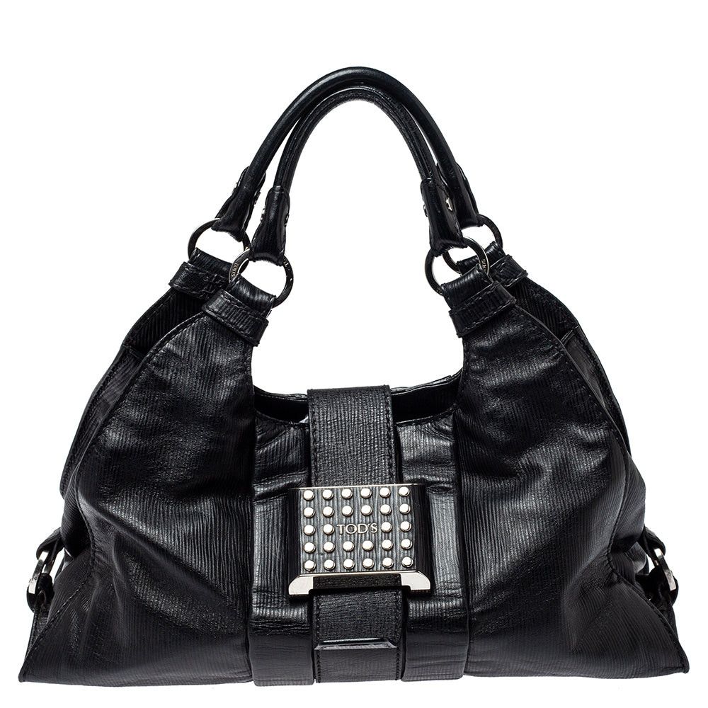 image of Tods Tod's Black Leather Studded Lock Flap Shoulder Bag, Women's