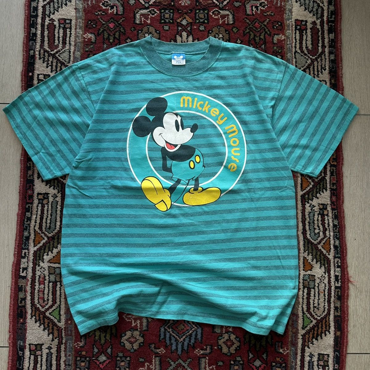Disney Vintage 90s Mickey Mouse Striped Tee Teal Green Made in USA Size US XL / EU 56 / 4 - 1 Thumbnail