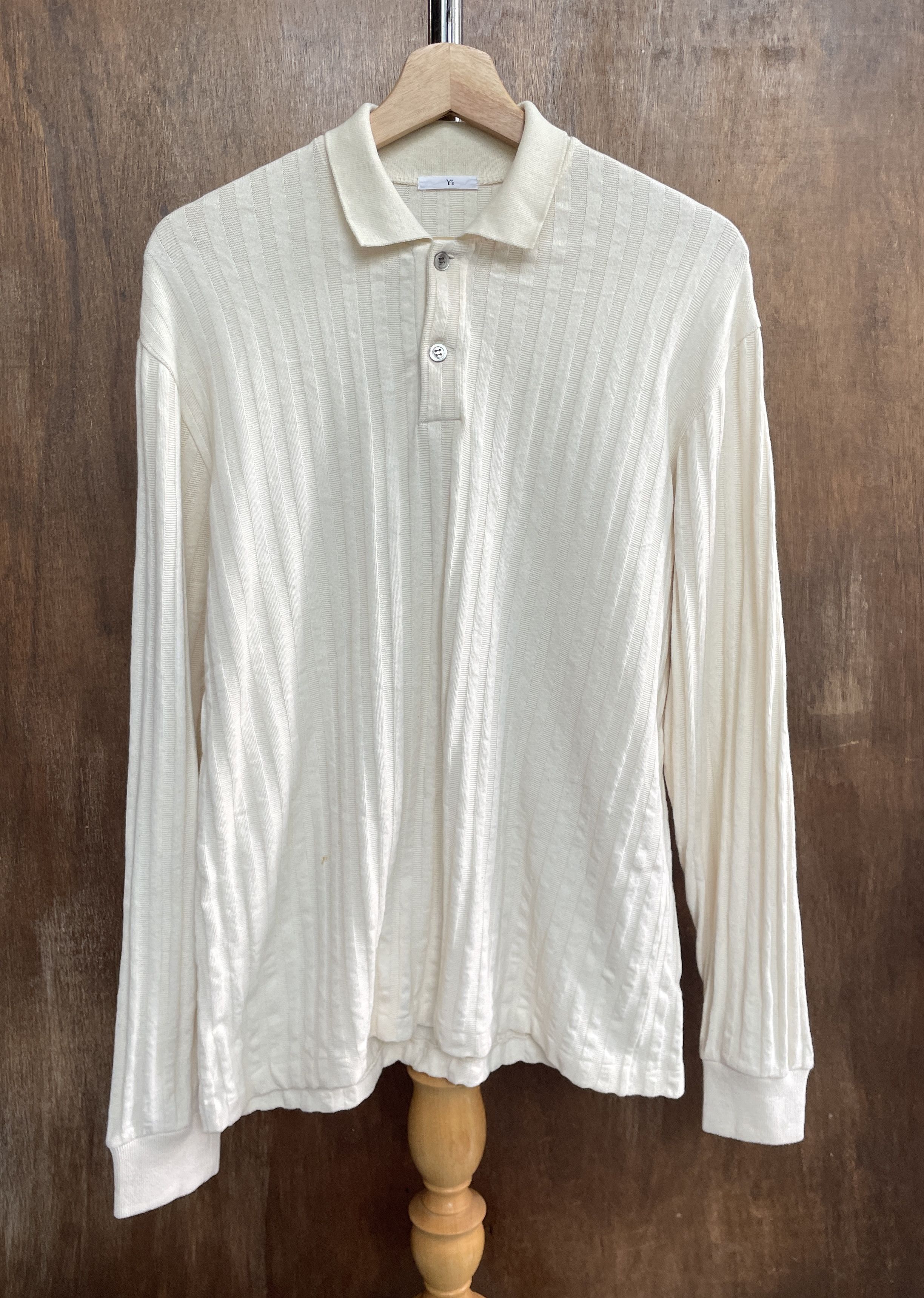 Y's Yohji Yamamoto Cream Ribbed Knit Long Sleeve Polo Shirt