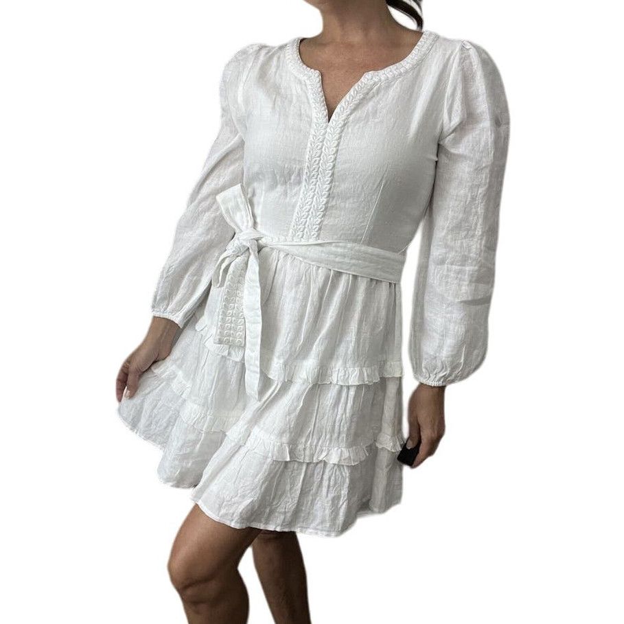 image of Roller Rabbit Medium White Long Sleeve Vneck Tie Waist Dress, Women's