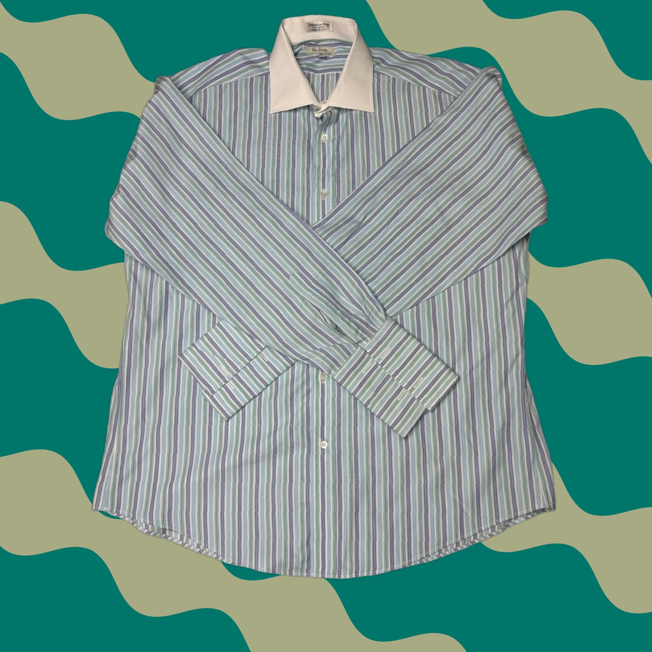 Faconnable Dress Shirt Mens Striped Shirt Long Sleeve 17.5 White Collar  Barrel Cuff Contrasting Trim Blue