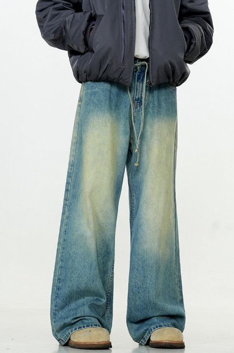 Vintage Men's washed blue drawstring distressed vintage loose jeans Size US 32 / EU 48 - 2 Thumbnail