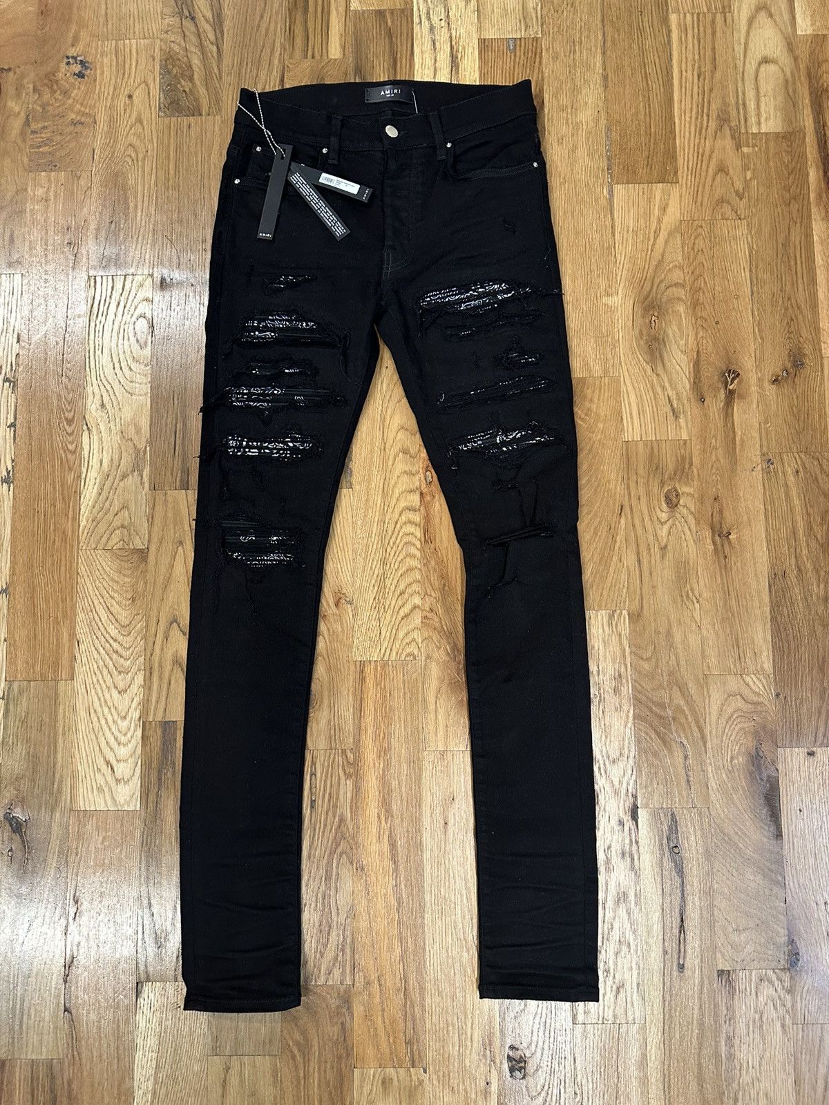image of Amiri Mx1 Black Paisley Black Denim Jeans Size 29, Men's